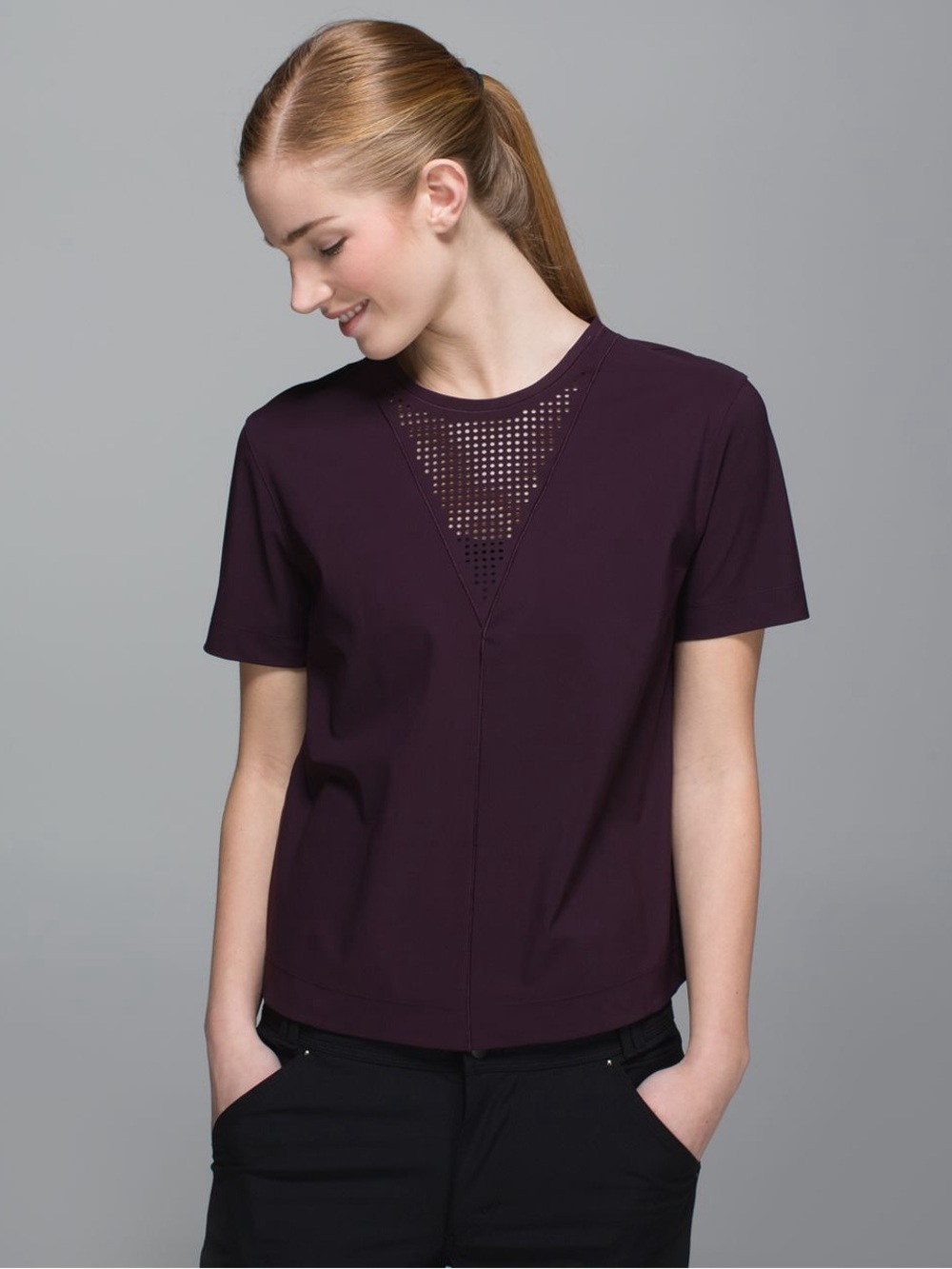 Women's Short-Sleeve Perforated Panel Top - Plum